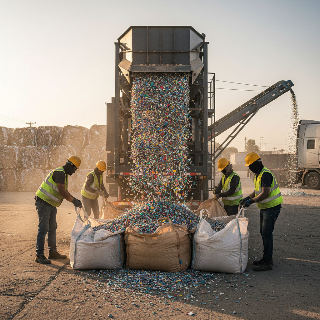 Colorful plastic shredded cuttings and thin film strips in a bright industrial environment