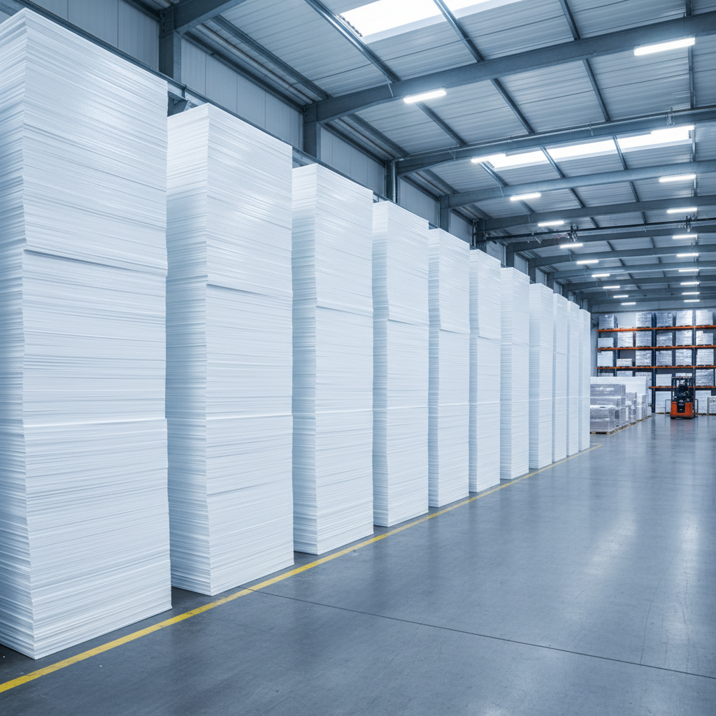 Stacked grey polypropylene solid blocks in a well-lit industrial facility with natural light