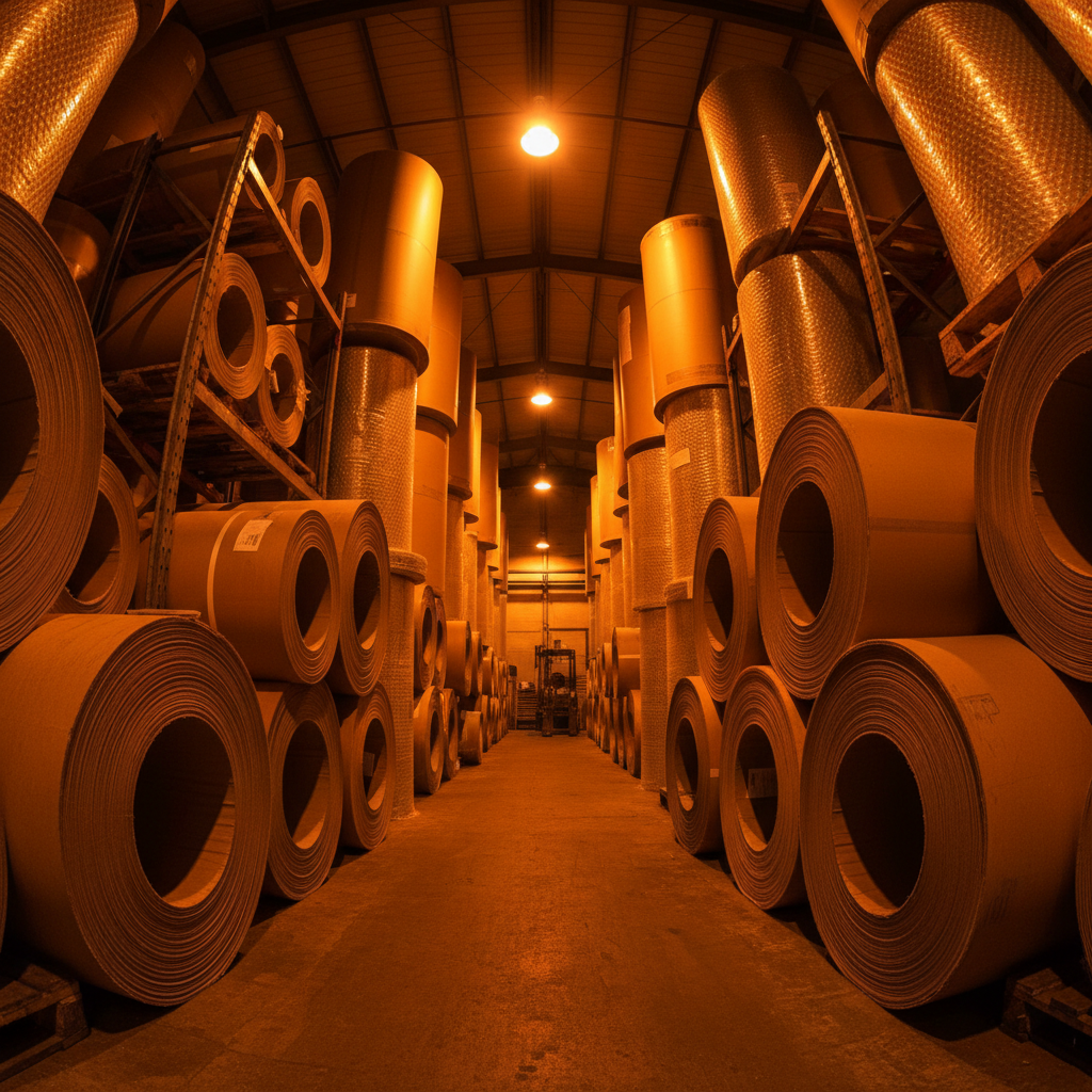 Clear plastic film and wrapper rolls stacked in a bright, well-lit industrial storage area