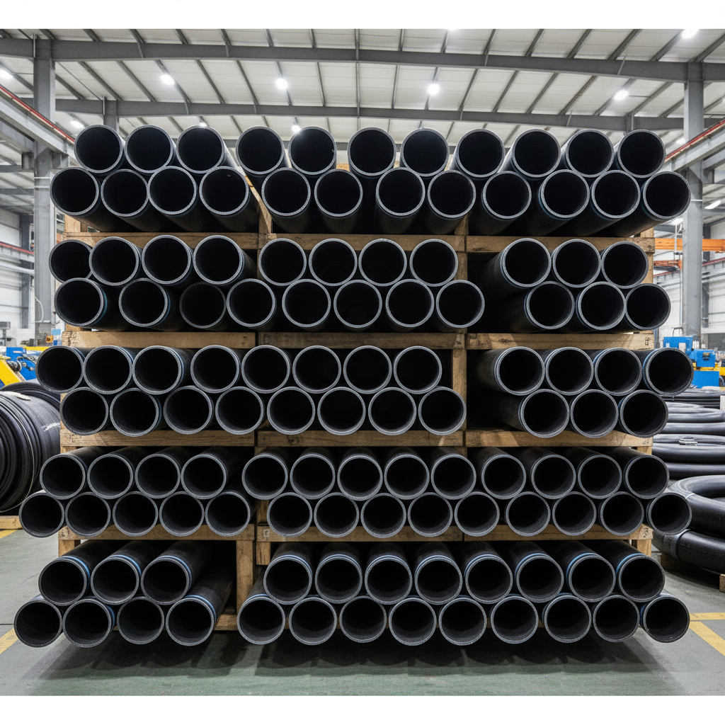 Dark grey solid plastic HDPE rectangular blocks stacked neatly in a bright warehouse with clean concrete floor