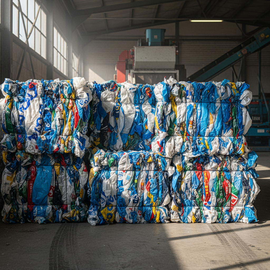 Piles of industrial plastic waste bales in a recycling facility, well-lit warehouse with sorted materials