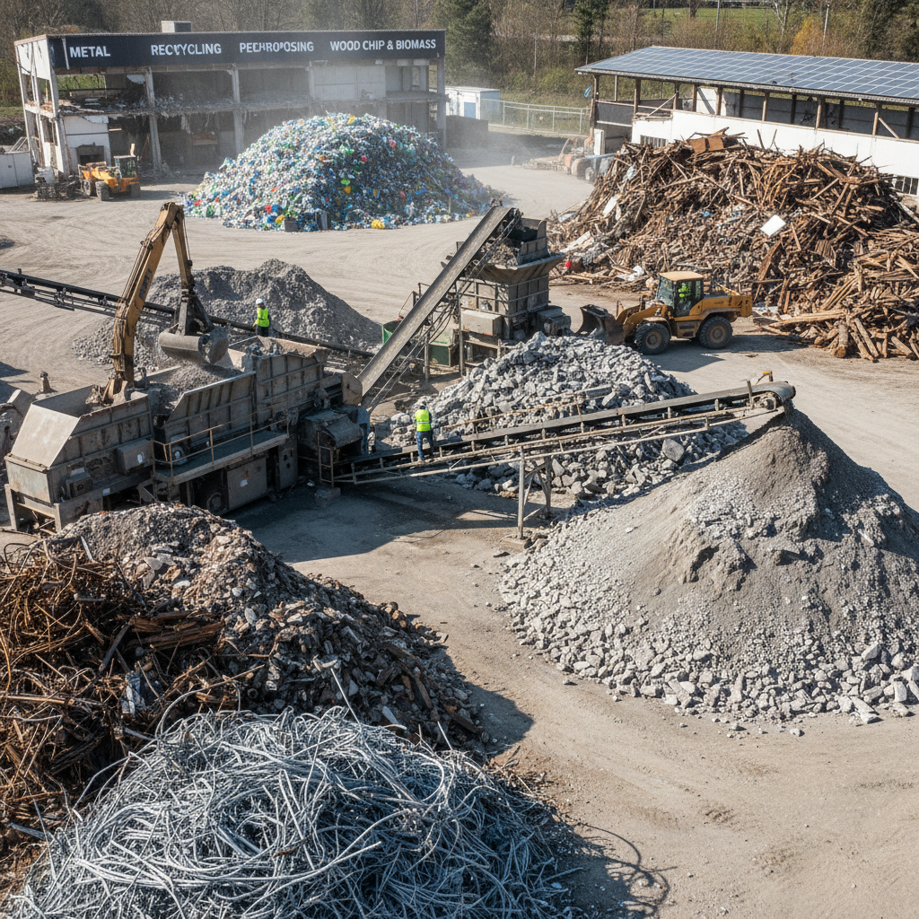 Aerial view of a modern industrial recycling facility with large machinery and organized warehouse floor in bright natural light