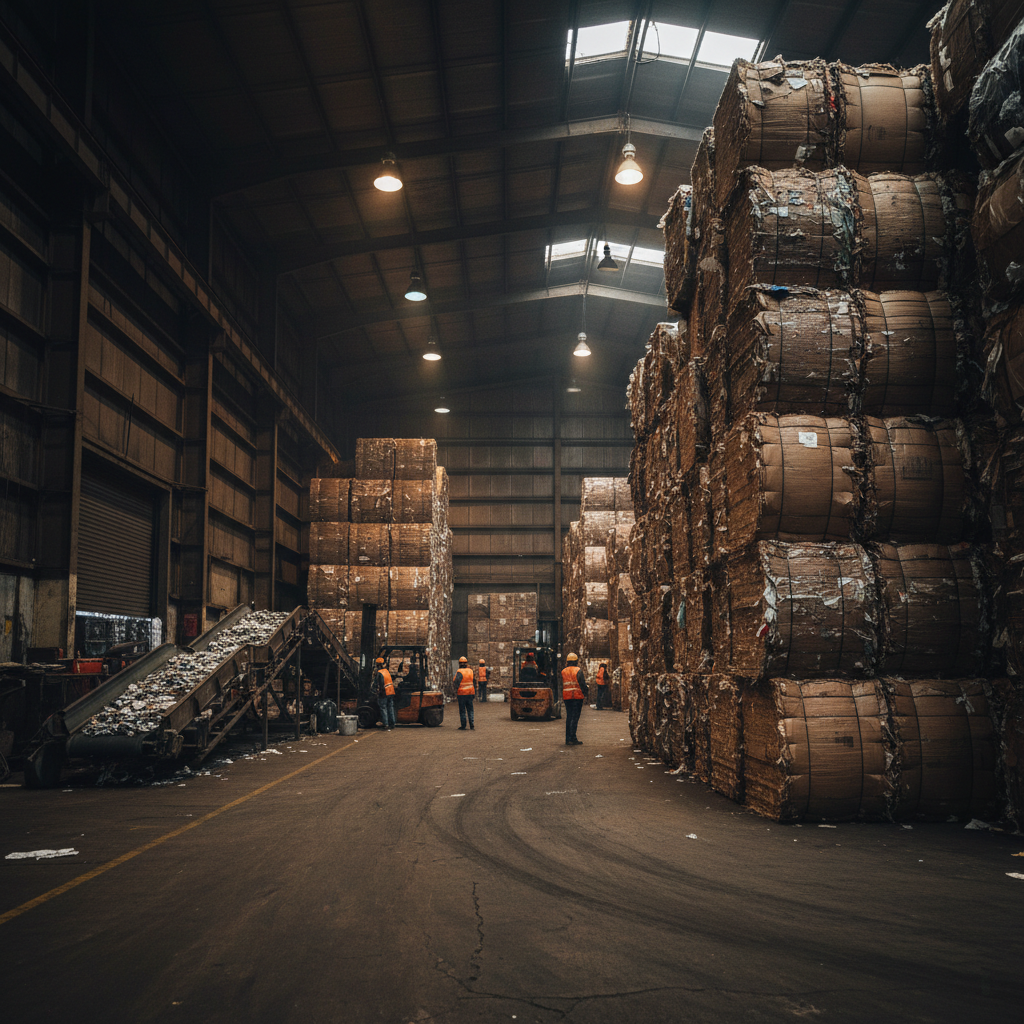Industrial recycling plant with machinery in dim atmospheric warehouse, deep shadows, dark steel walls, low-key industrial lighting